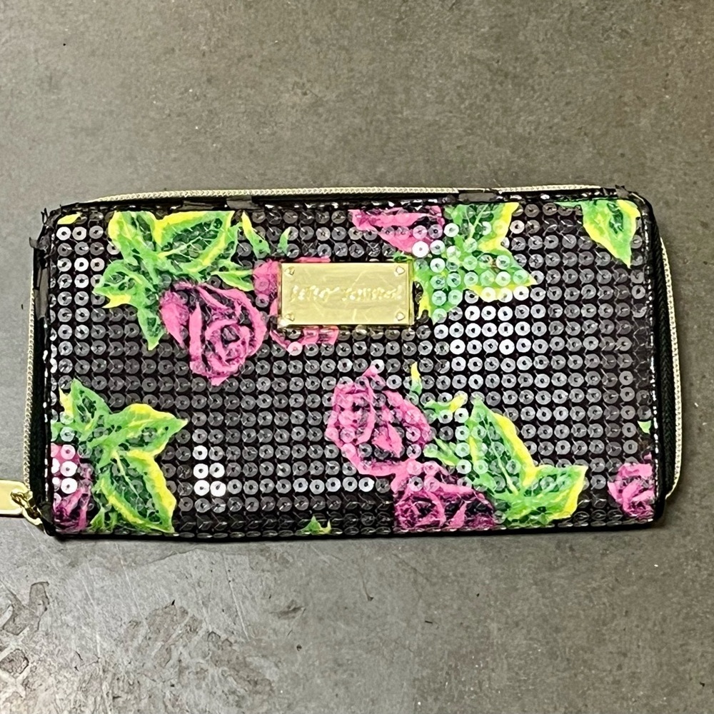 Betsey Johnson Black and Pink Sequin Clutch